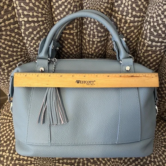 Heshe Light Blue Leather Satchel Bag with Detachable Adjustable Strap Like New - Picture 12 of 16